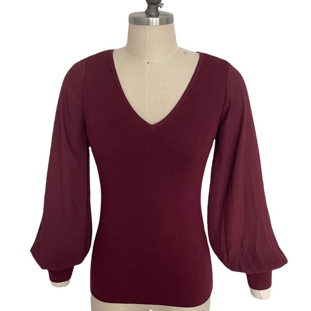 White House Black Market Mixed Media V-Neck Sweater with Bishop Sleeve Size XS